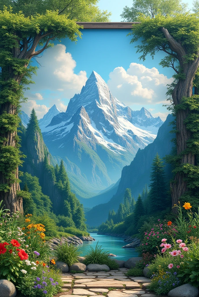 Creer moi un beau graff style nature et montagne sur la longeur sur un mur de jardin