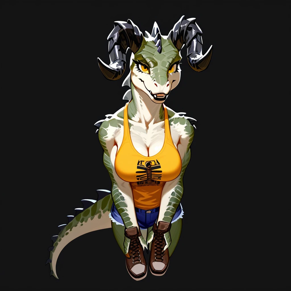 (((Masterpiece))), ((4k)), (best body), Solo, score_9,score_8_up,score_7_up, kemono style, Anthro deathclaw from fallout, Anthro reptile girl, snout, green scaled skin, gold eyes, black lips, black horns, black ram horns, athletic body, smiling, wearing brown laced tank top, pov, pov she is holding viewers face, pov she is holding viewer, simple grey background