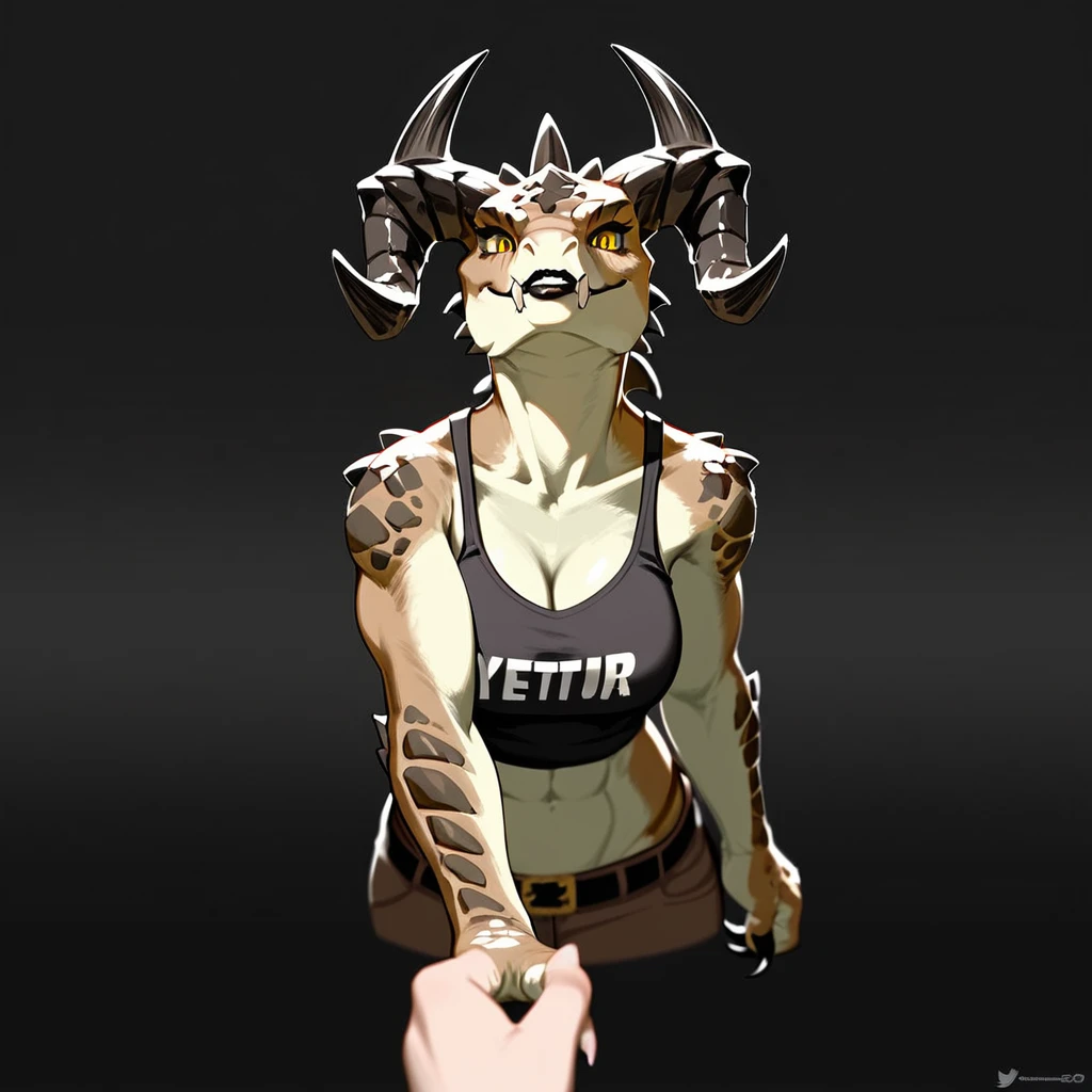 (((Masterpiece))), ((4k)), (best body), Solo, score_9,score_8_up,score_7_up, kemono style, Anthro deathclaw from fallout, Anthro reptile girl, snout, green scaled skin, gold eyes, black lips, black horns, black ram horns, athletic body, smiling, wearing brown laced tank top, pov, pov she is holding viewers face, pov she is holding viewer, simple grey background
