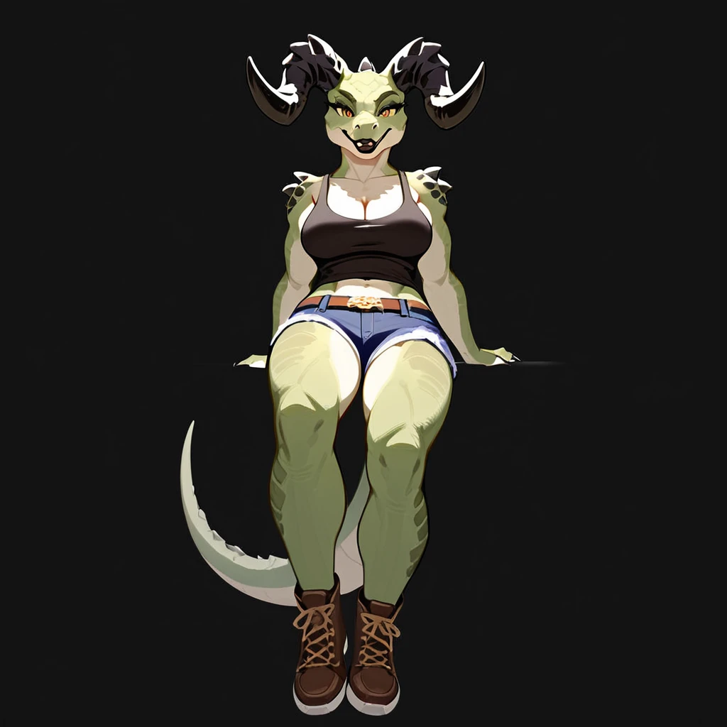 (((Masterpiece))), ((4k)), (best body), Solo, score_9,score_8_up,score_7_up, kemono style, Anthro deathclaw from fallout, Anthro reptile girl, snout, green scaled skin, gold eyes, black lips, black horns, black ram horns, athletic body, smiling, wearing brown laced tank top, pov, pov she is holding viewers face, pov she is holding viewer, simple grey background 