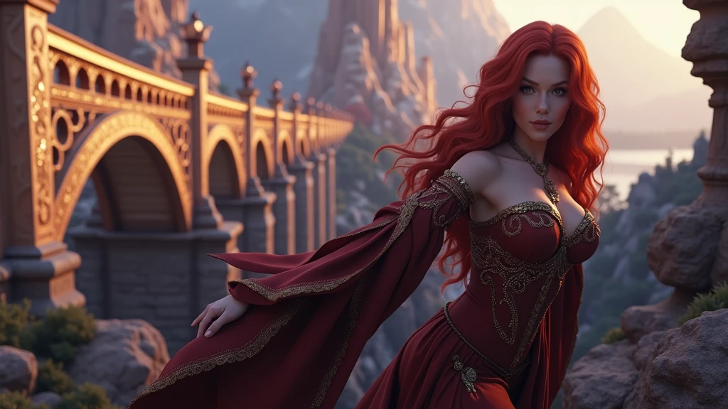 A cinematic, hyper-detailed, and photorealistic 3D render of a fantasy setting. A sensual woman with red hair and vibrant eyes and lips is the main focus. She is wearing intricate, detailed clothing with gold and red tones. The background reveals a dramatic lighting with mountains, trees, and a bridge. The overall image has vibrant colors and is a masterpiece.
