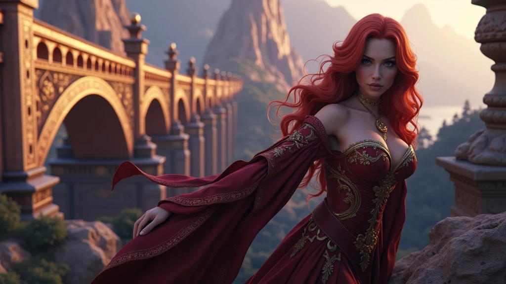 A cinematic, hyper-detailed, and photorealistic 3D render of a fantasy setting. A sensual woman with red hair and vibrant eyes and lips is the main focus. She is wearing intricate, detailed clothing with gold and red tones. The background reveals a dramatic lighting with mountains, trees, and a bridge. The overall image has vibrant colors and is a masterpiece.