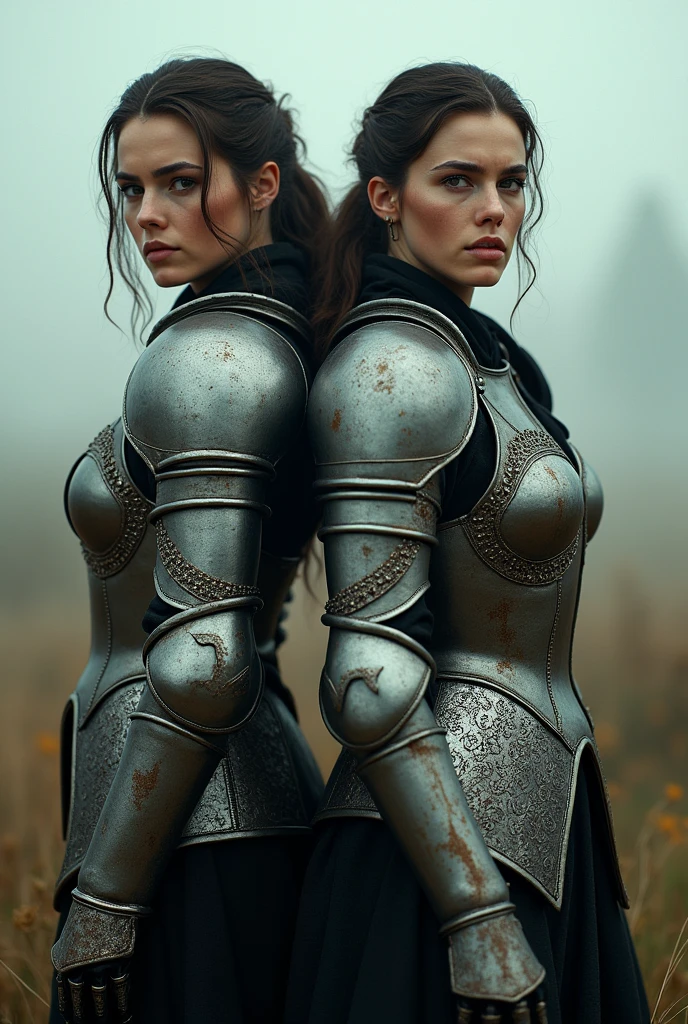 a woman in armor,another woman in armor,standing next to each other,highly detailed,surreal vfx,inspired by Peter Lindbergh,desaturated colors,muted colors,photorealistic,cinematic lighting,dramatic atmosphere,volumetric fog,depth of field,intricate details,masterpiece,best quality,8k
