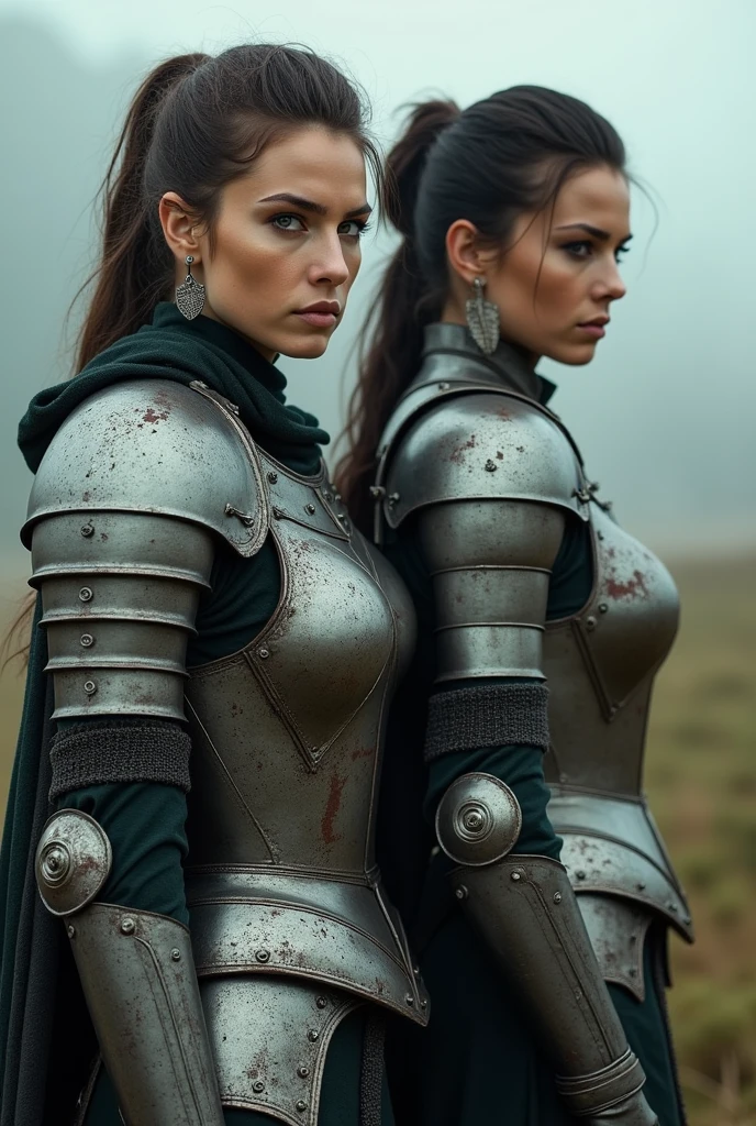 a woman in armor,another woman in armor,standing next to each other,highly detailed,surreal vfx,inspired by Peter Lindbergh,desaturated colors,muted colors,photorealistic,cinematic lighting,dramatic atmosphere,volumetric fog,depth of field,intricate details,masterpiece,best quality,8k