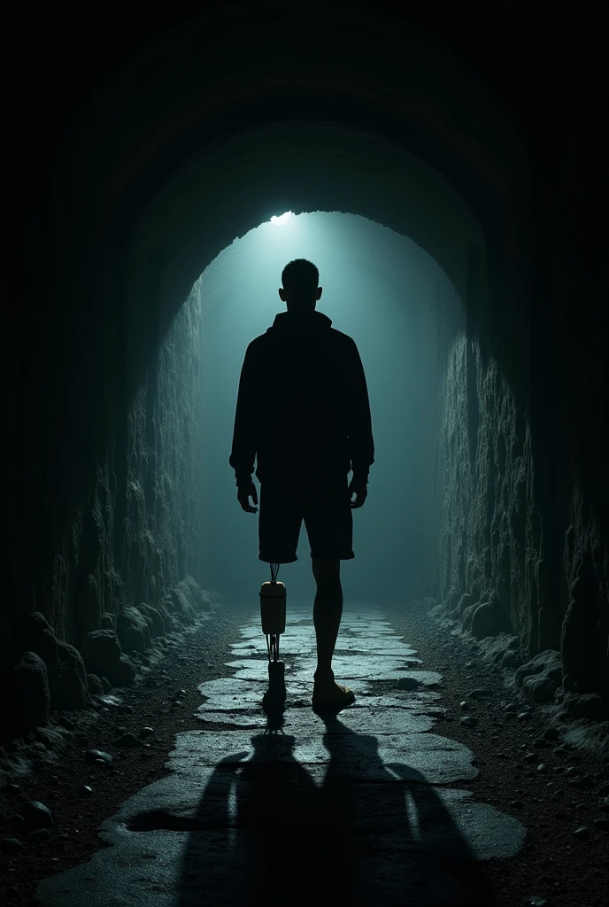 Silhouette of a man with his left leg amputated at the entrance of a tunnel