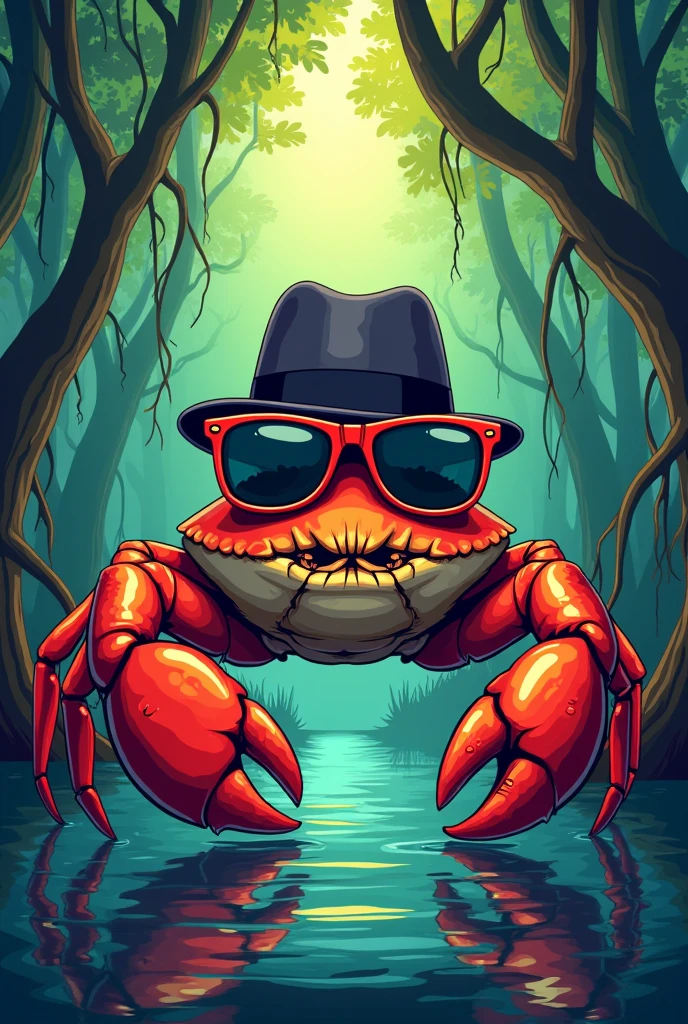 A crab with sunglasses and a bowler hat in the mangrove beat style. profile position