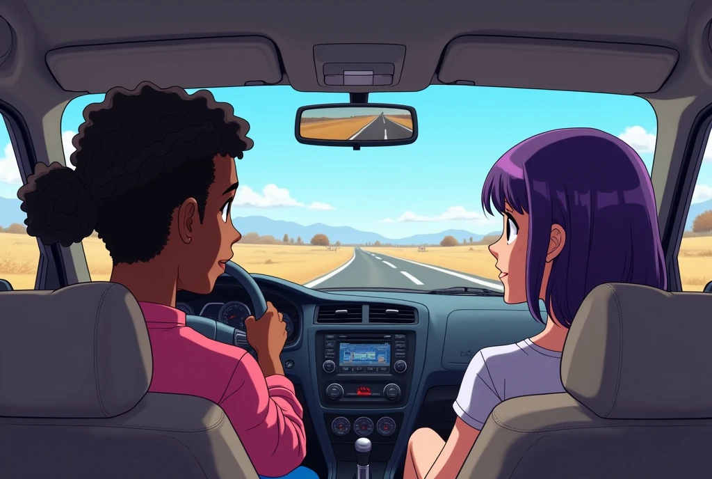Interior of a car with 3 characters, a black male driver with braided hair and a ponytail, a black woman in the passenger seat and in the back seat a white woman with short hair and purple highlights, a road in the windshield view, in anime style
