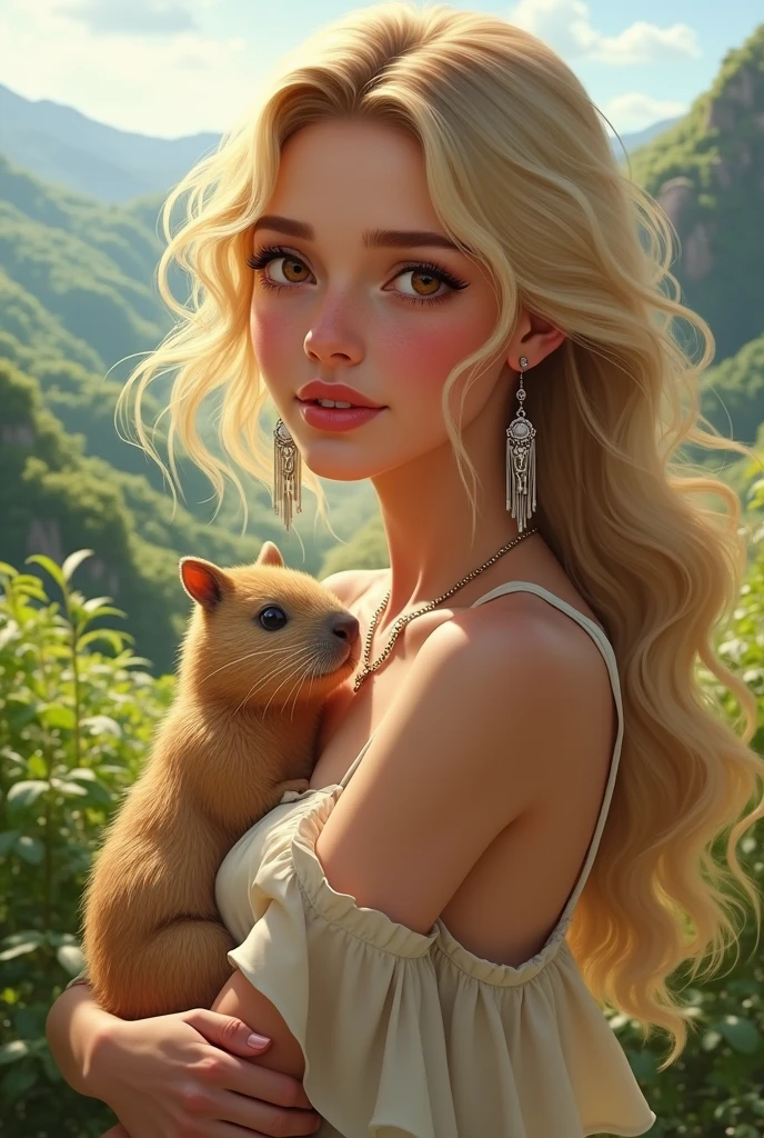 fanart of italian blonde, wavyhair, long silver earrings, rosy cheeks and nose tips, amber eyes, pet capybara on a trip to the southern Brazilian countryside in light clothing, but discreet, that do not show too much skin or breasts