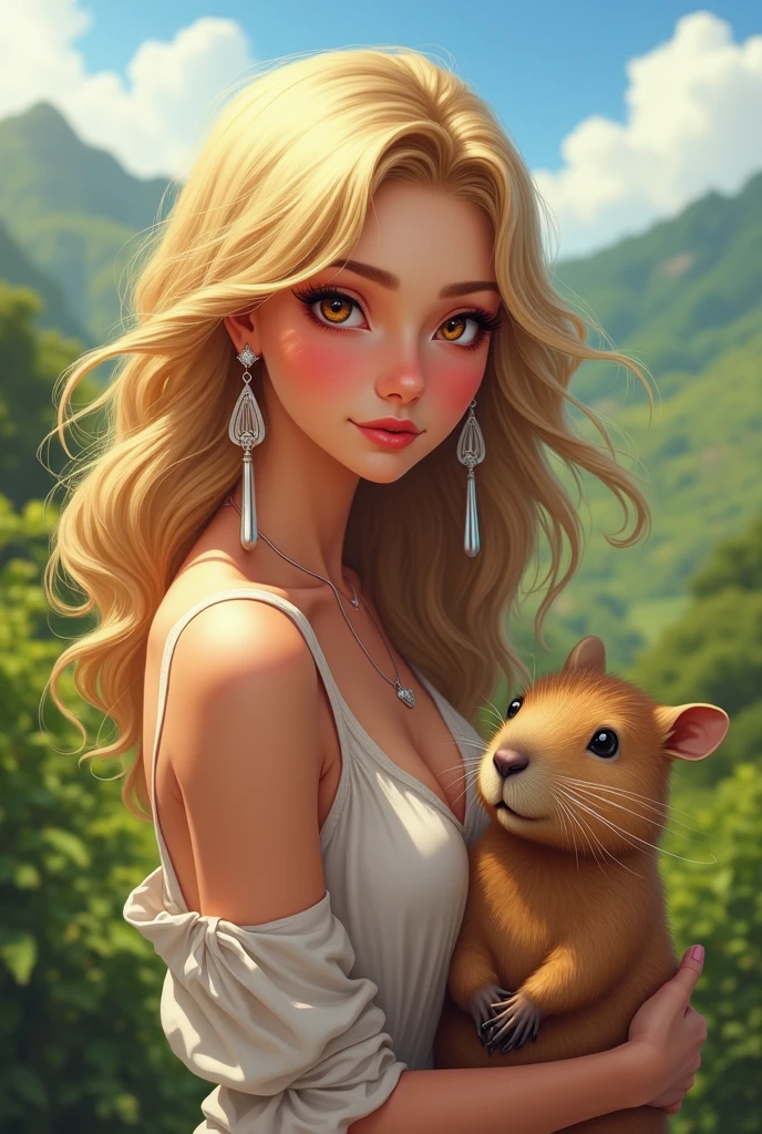 fanart of italian blonde, wavyhair, long silver earrings, rosy cheeks and nose tips, amber eyes, pet capybara on a trip to the southern Brazilian countryside in light clothing, but discreet, that do not show too much skin or breasts