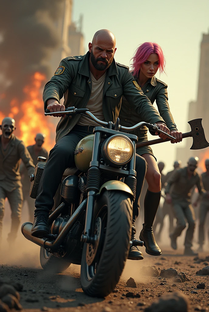 a beardless man on a motorcycle next to a girl with pink hair in a military uniform with an axe in her hands and in red shoes against the background of a burning building and zombies in a steampunk style