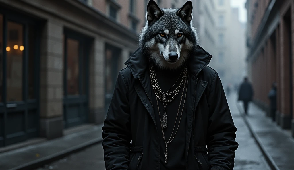 draw Wolf furry in black clothes with a chain in a dark street