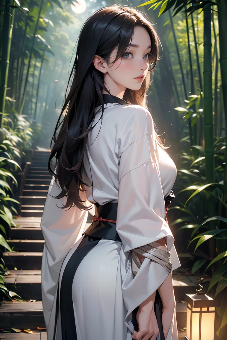 bamboo forest, ((masterpiece, of the highest quality, Maximum image quality, High resolution, photorealistic, raw photo, 8k, Extremely detailed 8k unified CG wallpaper)), A straight path through bamboo forests., Lanterns illuminating the ground, a full moon at midnight, and the back view of a woman dressed in a Japanese kimono standing in the middle of the road.,