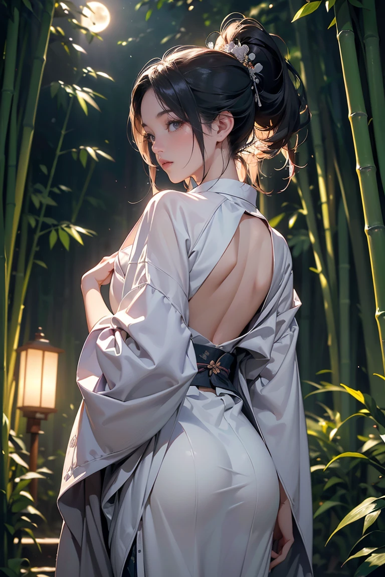 bamboo forest, ((masterpiece, of the highest quality, Maximum image quality, High resolution, photorealistic, raw photo, 8k, Extremely detailed 8k unified CG wallpaper)), A straight path through bamboo forests., Lanterns illuminating the ground, a full moon at midnight, and the back view of a woman dressed in a Japanese kimono standing in the middle of the road.,