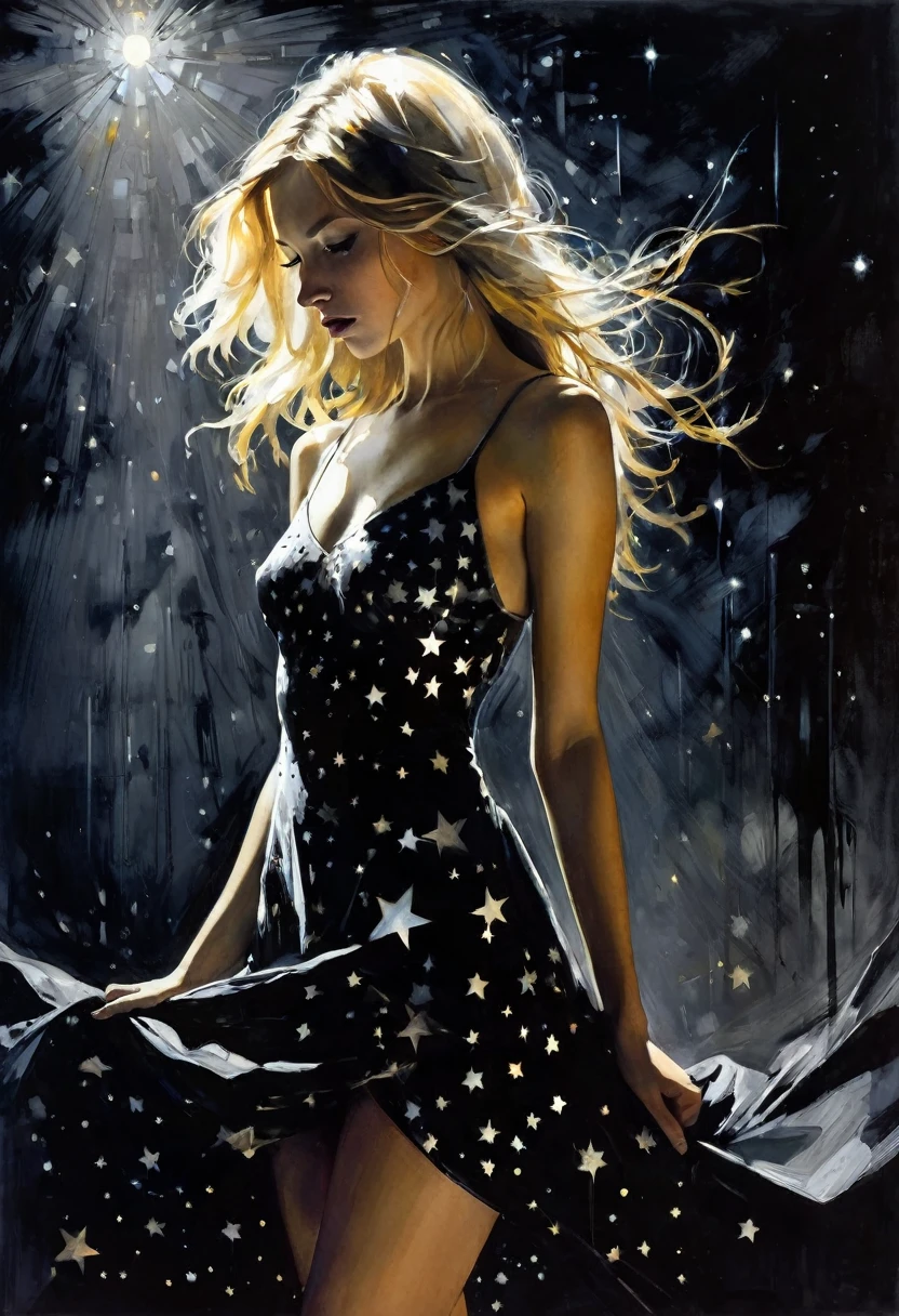 very sexy woman, slim, long hair blonde, very small breasts, sexy dress, a magical night with stars, eroticism, sexy, black and white image, between shadows, oil painting, chiaroscuro, sensual, dramatic lighting, moody atmosphere, photorealistic, intricate details, masterpiece, ultra-detailed, high quality, 8k, best quality, realistic, cinematic, dark and brooding, expressionistic, powerful composition, emotional impact, art inspired by Bill Sienkiewicz and Dave McKean

