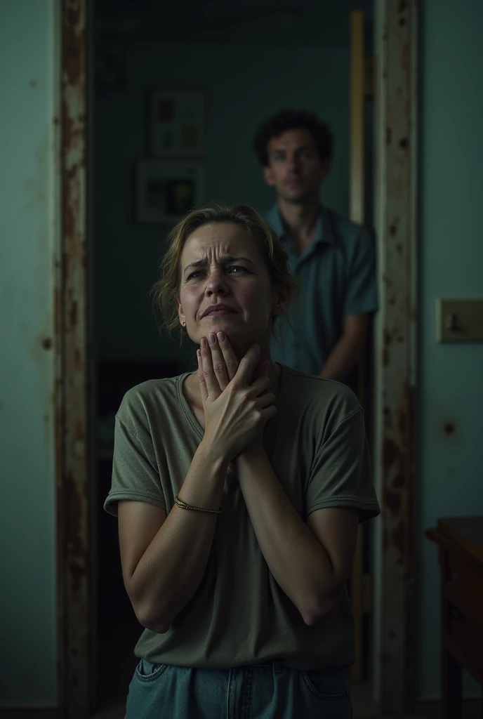 Create a photo of a woman crying and her husband leaving