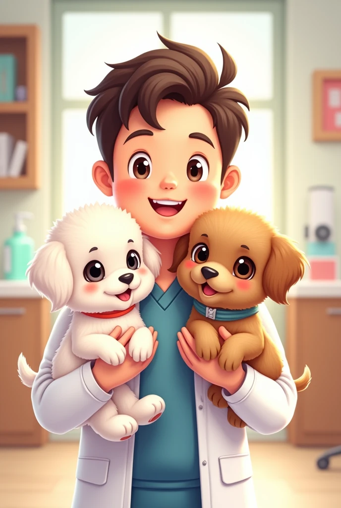 Draw a chibi-style drawing of a male veterinarian hugging two puppies: a white poodle with black eyes and a Yorkshire terrier.