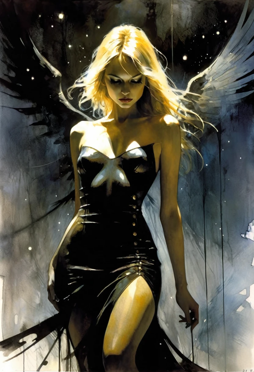 very sexy woman, slim, long hair blonde, very small breasts, sexy dress, a magical night with stars, eroticism, sexy, black and white image, between shadows, oil painting, chiaroscuro, sensual, dramatic lighting, moody atmosphere, photorealistic, intricate details, masterpiece, ultra-detailed, high quality, 8k, best quality, realistic, cinematic, dark and brooding, expressionistic, powerful composition, emotional impact, art inspired by Bill Sienkiewicz and Dave McKean
