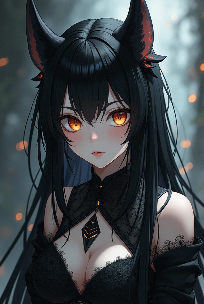 black hair girl , long and straight, somewhat messy, Orange eyes with cat-like pupil , Pale skin , with black marks on the face , with black horns on his head , with a medieval anime style costume from Boku no Hero