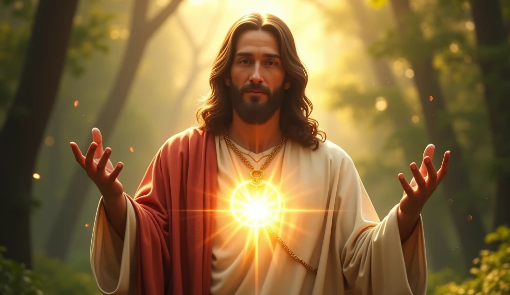 Ultra realistic Christ smiling with loving face with hands in blessing gesture to the viewer. his heart is ultra radiant, loving, shining eyes to the viewer, of light to convey depth and forest background, many lights coming from the sky