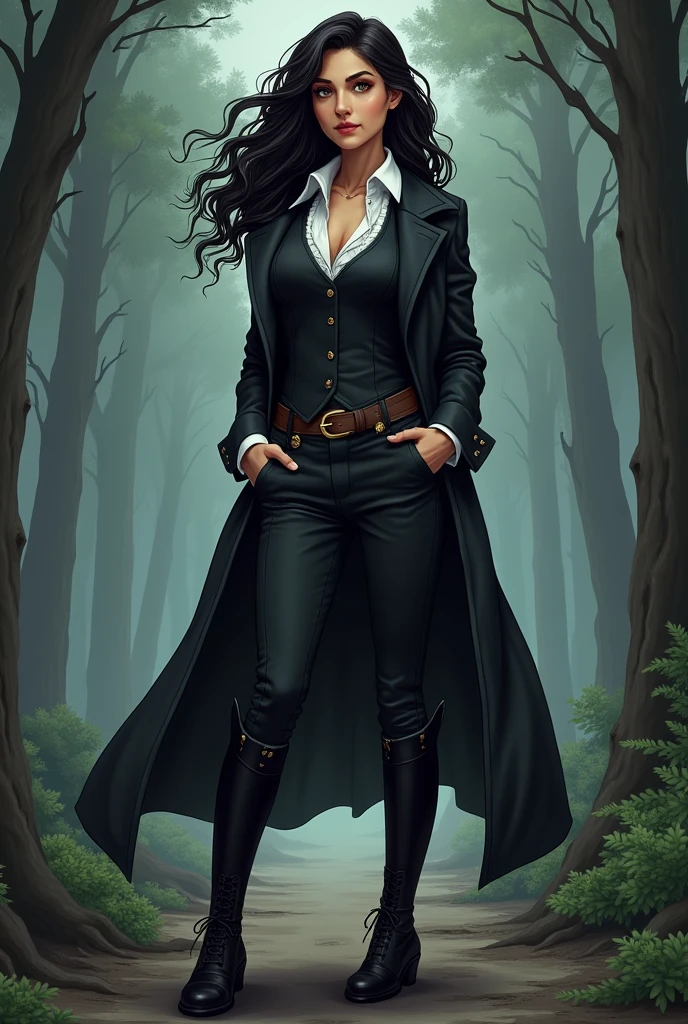 Imagine a young brunette with long black curly hair, wearing black riding boots that fit her legs well. She wears black pants with side pockets., hidden inside the boots. The white collared blouse is underneath a black vest. About all this, a black overcoat. In drawing in the line of gravity falls 