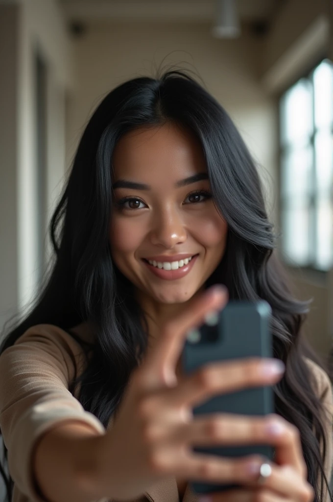 A phone showing an Instagram notification and a reflection of a smiling woman&#39;s face appears 