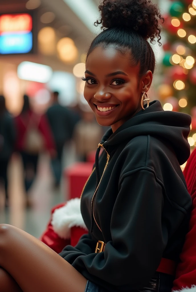Black woman wearing leather short shorts and black hoodie hair in a bun setting on santas lap in the mall. The look on her face is eyes wide open and excited side view