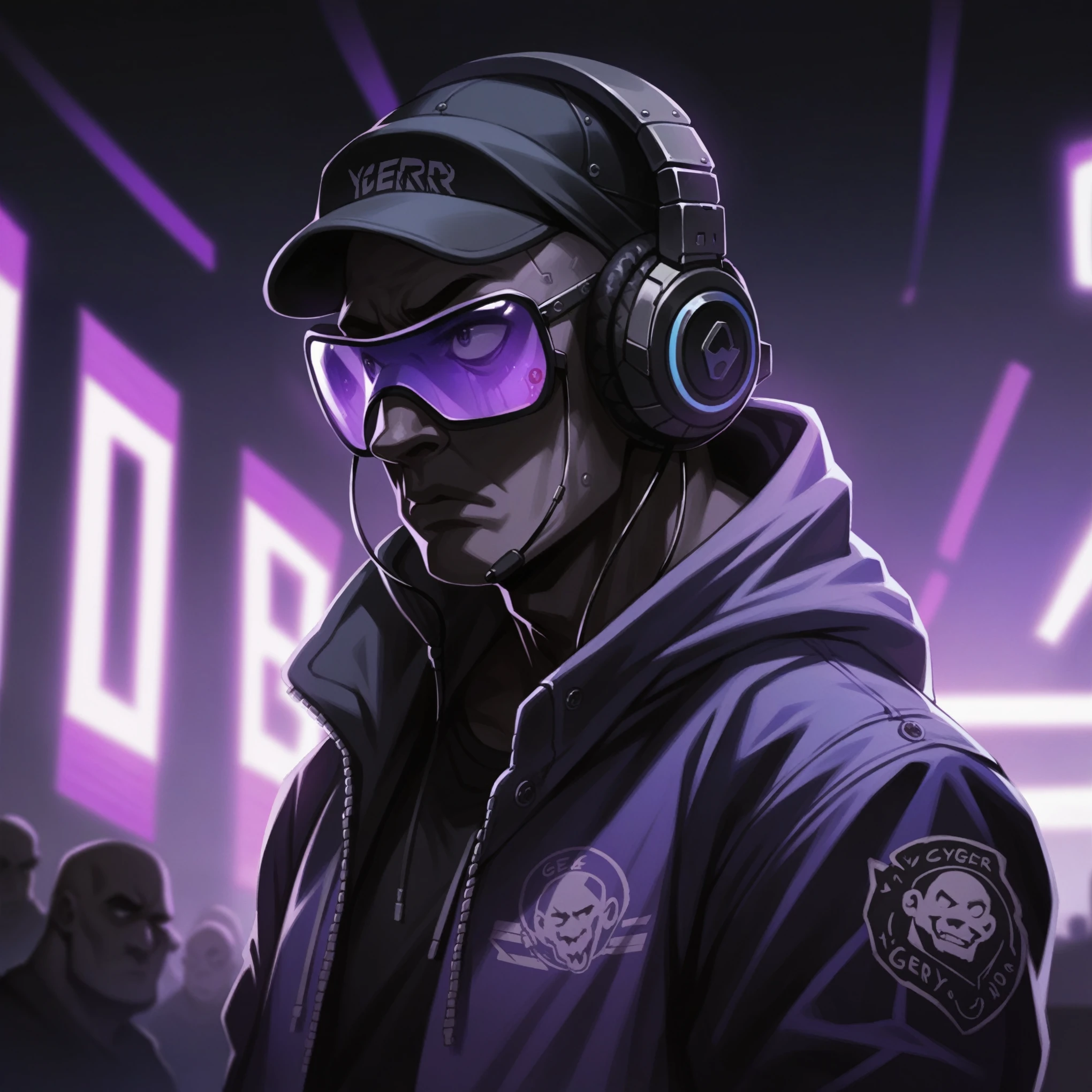 Generate a Gamer style boy, bald guy, with the colors of the Venezuelan flag, looking ahead, cyber punk style clothing, with futuristic background, with headphones and hoodie.