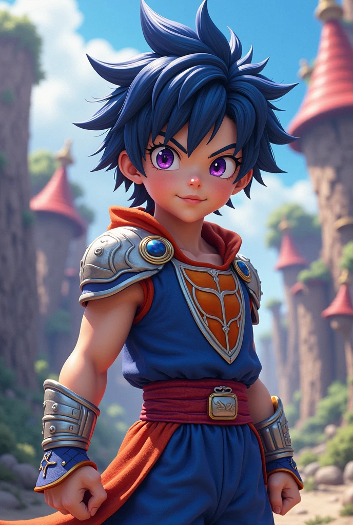 Anime Boy with dark blue hair and purple eyes in Dragon Ball costume
