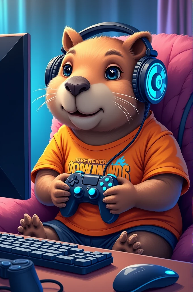 A gamer capybara playing video games , with control in hand, t-shirt and headphones 