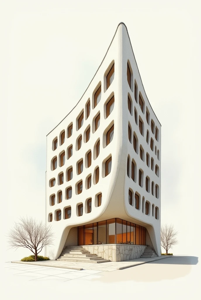 Architectural drawing with the TRICROMY drawing technique: a building with many windows with a shape "abstract" (From the perspective it has a certain curvature) 