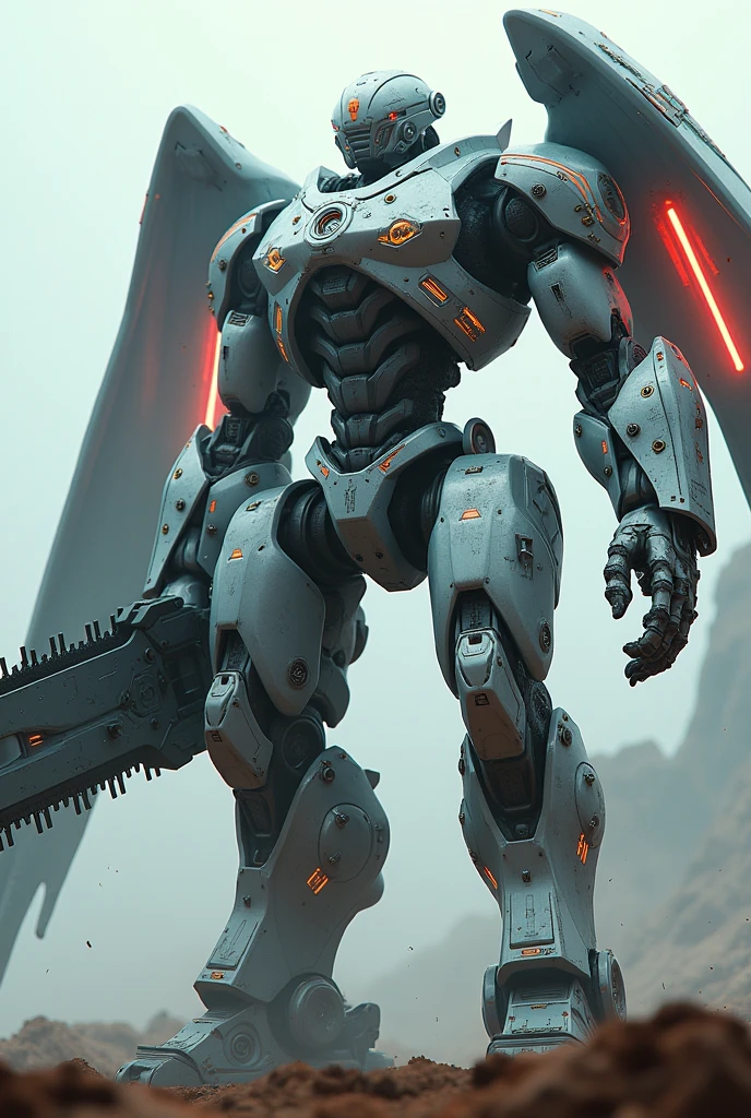 detailed, ultra-detailed, masterpiece, 8k wallpaper,(bio mecha:1.5),(mecha:1.4),
, (muscle:1.3), (muscle tissue:1.5),
, no humans,glowing wings, mecha, solo,size difference,huge weapon,chainsaw, science fiction, simple background, standing, mechanical wings, glowing, silver mecha,from below, blood,broken,damaged, dirty,