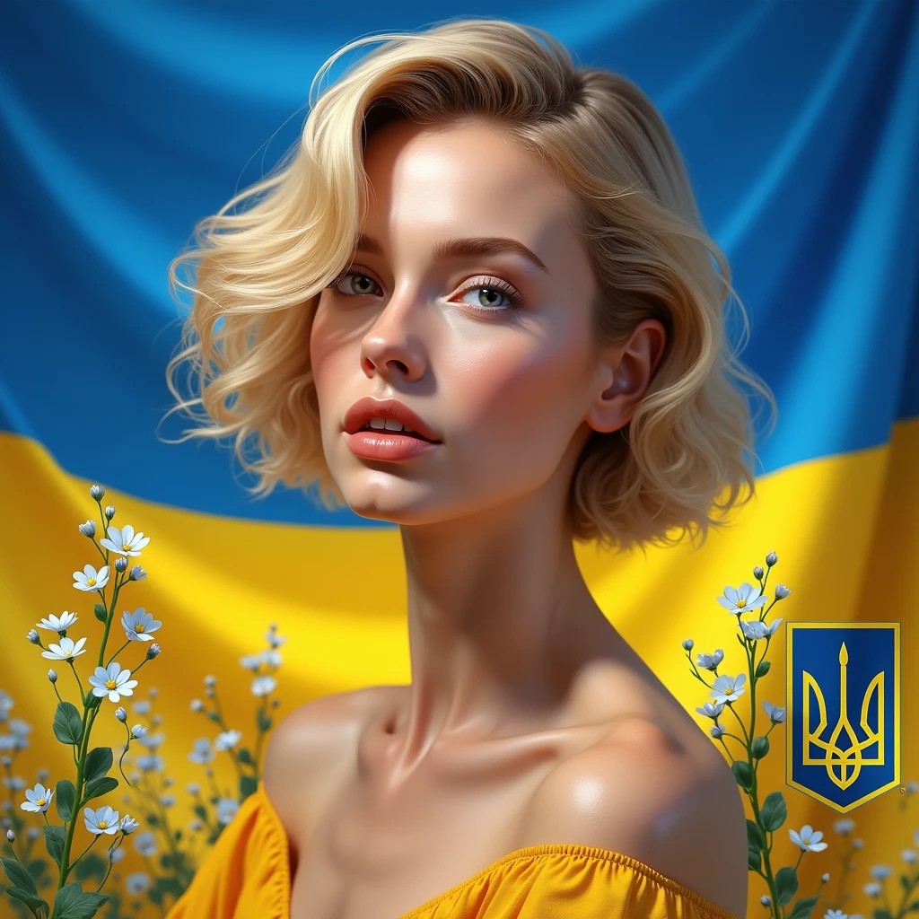 a beautiful ukrainian woman with blonde short curly hair, elegant and confident, digital art masterpiece, cartoon not realistic digital face, vibrant colors of blue and yellow, ukrainian flag, ukrainian flowers, coat of arms of ukraine, best quality,4k,masterpiece,studio lighting,ultra-fine painting,sharp focus,professional,vivid colors,bokeh,trending