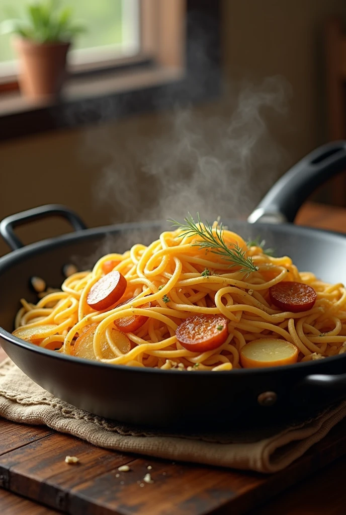 pan, noodles and potatoes, on a homely wooden table