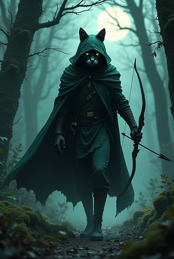 A cat-man dressed as a prowler (vêtement à capuche vert foncé avec une cape noire).
The cat wears the hood, a bow in one hand and an arrow in the other.
L'homme-chat est debout, le nez en l'air comme s'il sentait une odeur.
Avec un décor de forêt éclairée par la lune qui bruisse.