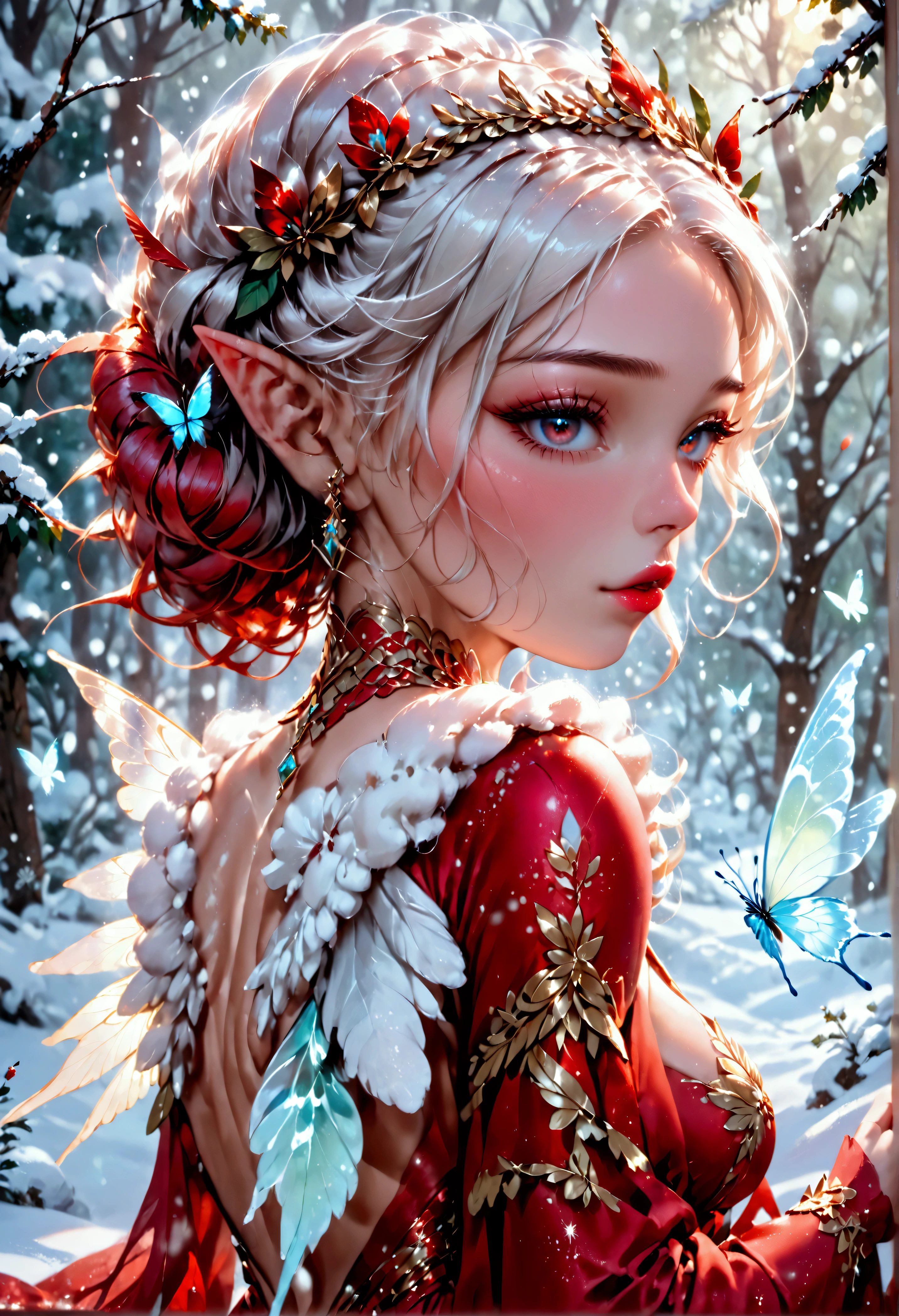 (oil painting art: 1.5) a most beautiful fairy playing in the snow, a beautiful fairy, ((full body shot: 1.5)), (best detailed face: 1.3), spread butterfly wings, dynamic hair color, dynamic hair style, busty, wearing red silk dress, intricate silk, wearing high heels boots, she is playing the snow, fresh snow in the forest, high snow, wide shot,  High Detail, Ultra High Quality, High Resolution, 16K Resolution, Ultra HD Pictures, Ultra Realistic, Clear Details, Realistic Detail, Ultra High Definition, DonMF41ryW1ng5XL, Cryptic Paladin 001