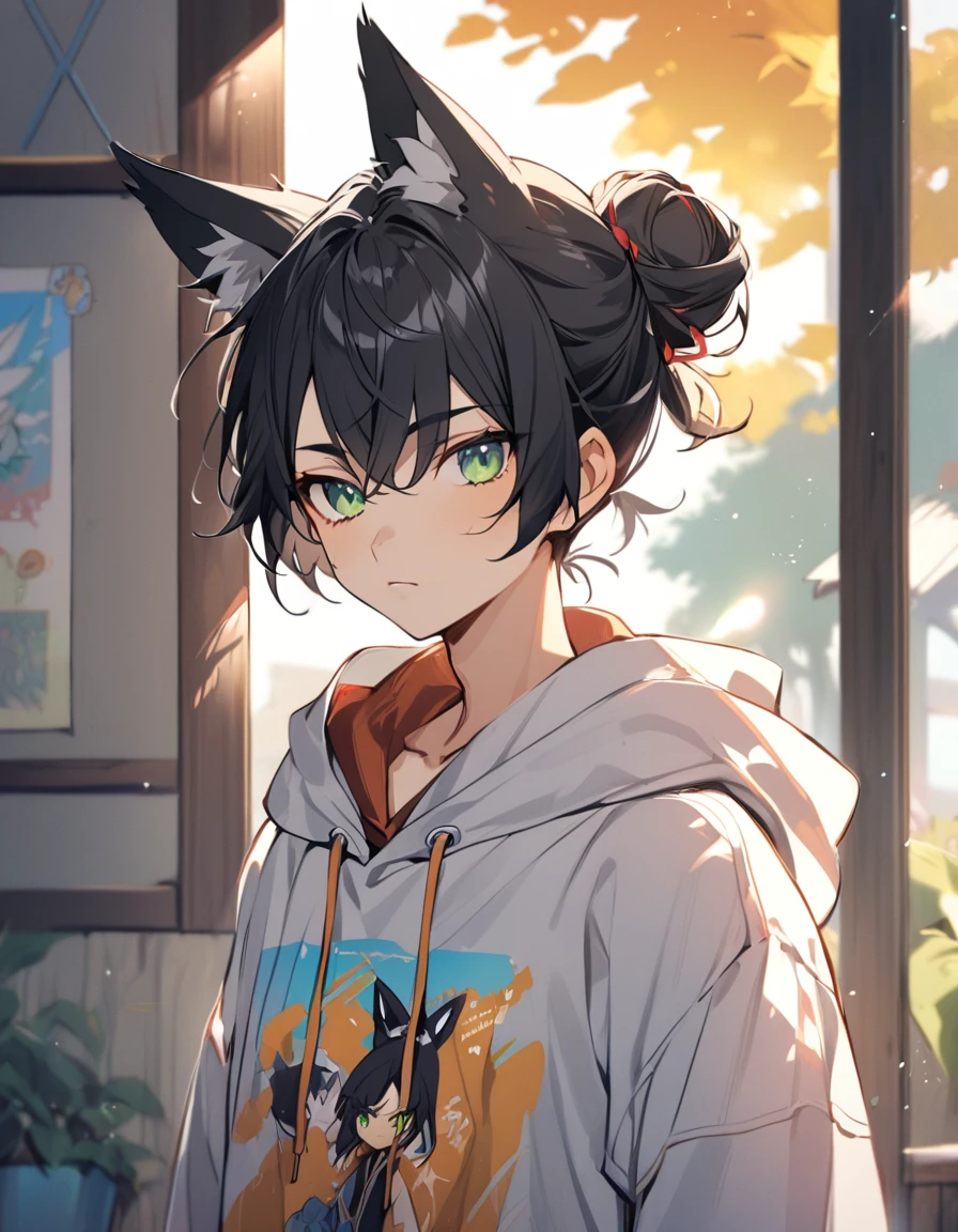 1Boy, black hair, green eyes, standing, fox ears, hair tied in a bun, standing, hoodie, teenager