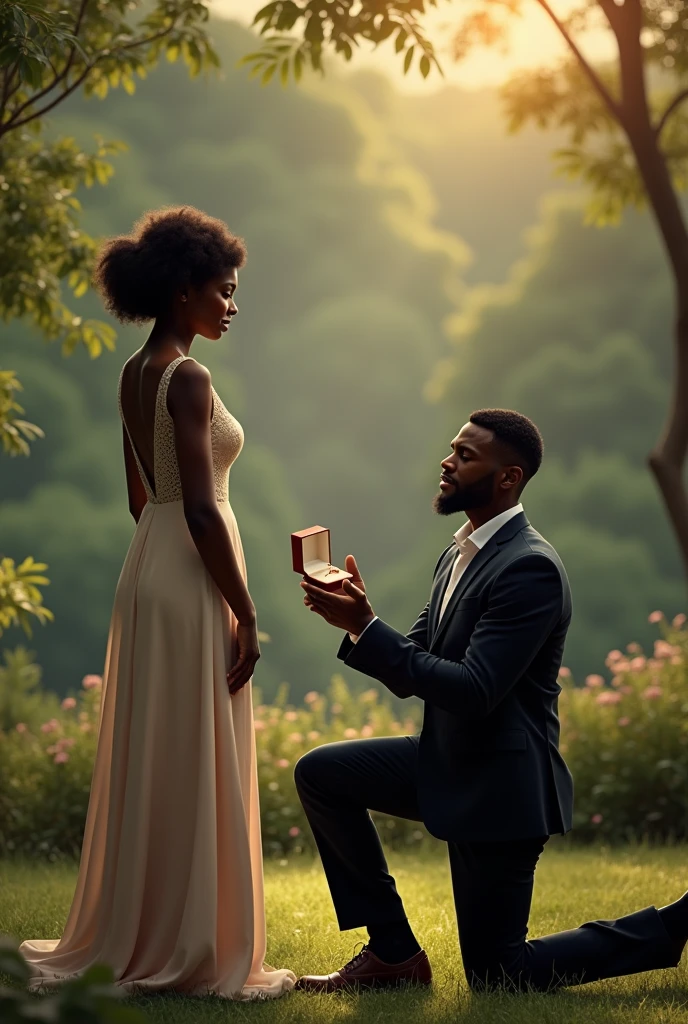 Black Man on his knee proposing say a women to be his future