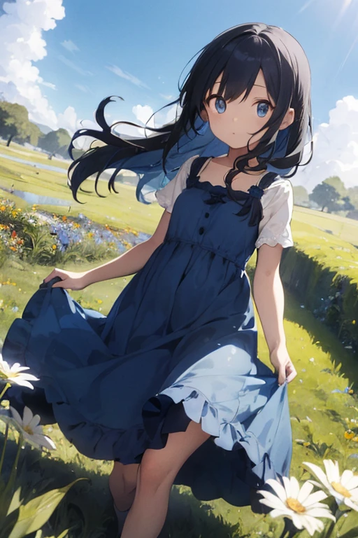 1 female, , blue long dress, cute eyes, , as a child, light blue long hair, white eyes, blind, blue sky, grass, flowers