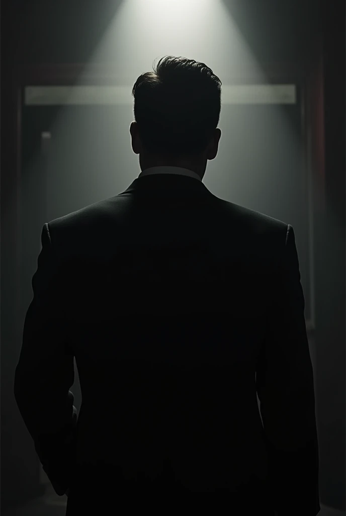 Shadow of a mafia man, only the silhouette with his hair combed back, wearing a white suit