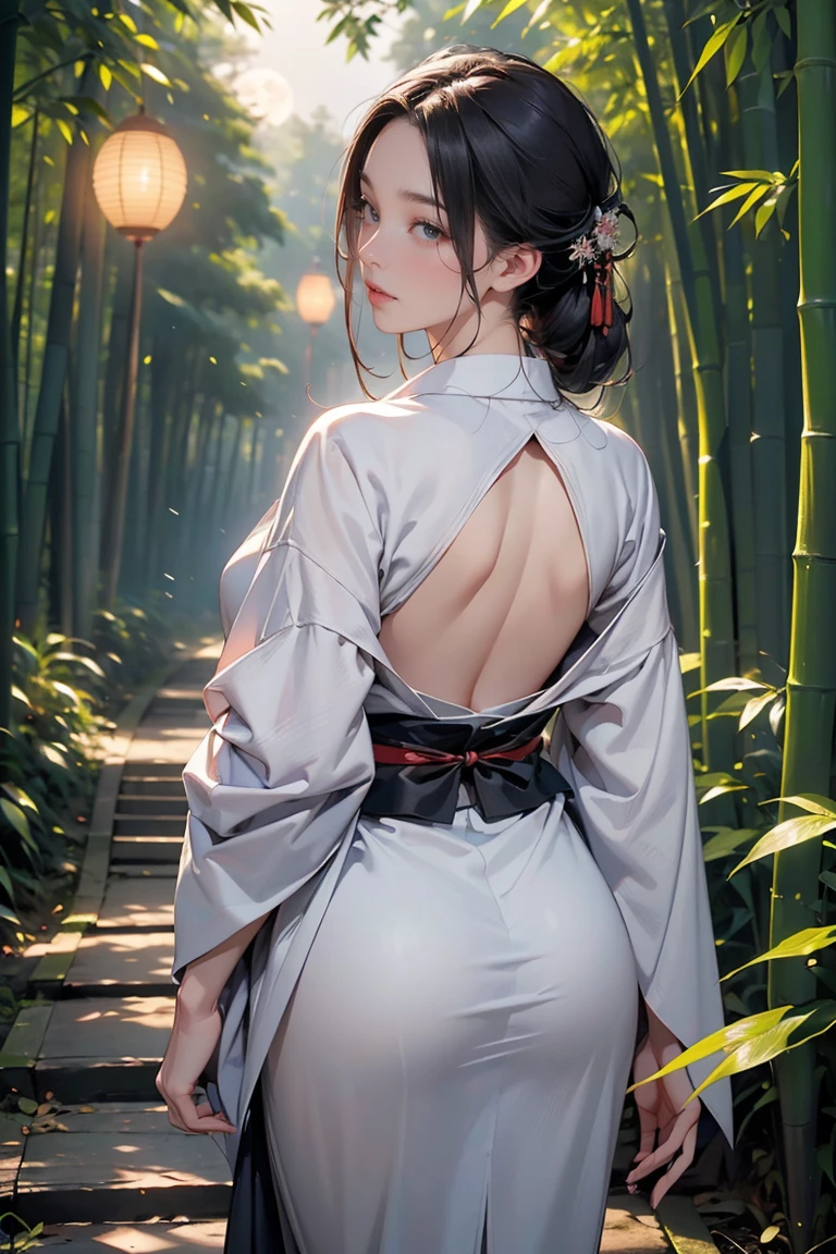 bamboo forest, ((masterpiece, of the highest quality, Maximum image quality, High resolution, photorealistic, raw photo, 8k, Extremely detailed 8k unified CG wallpaper)), A straight path through bamboo forests., Lanterns illuminating the ground, a full moon at midnight, and the back view of a woman dressed in a Japanese kimono standing in the middle of the road.,