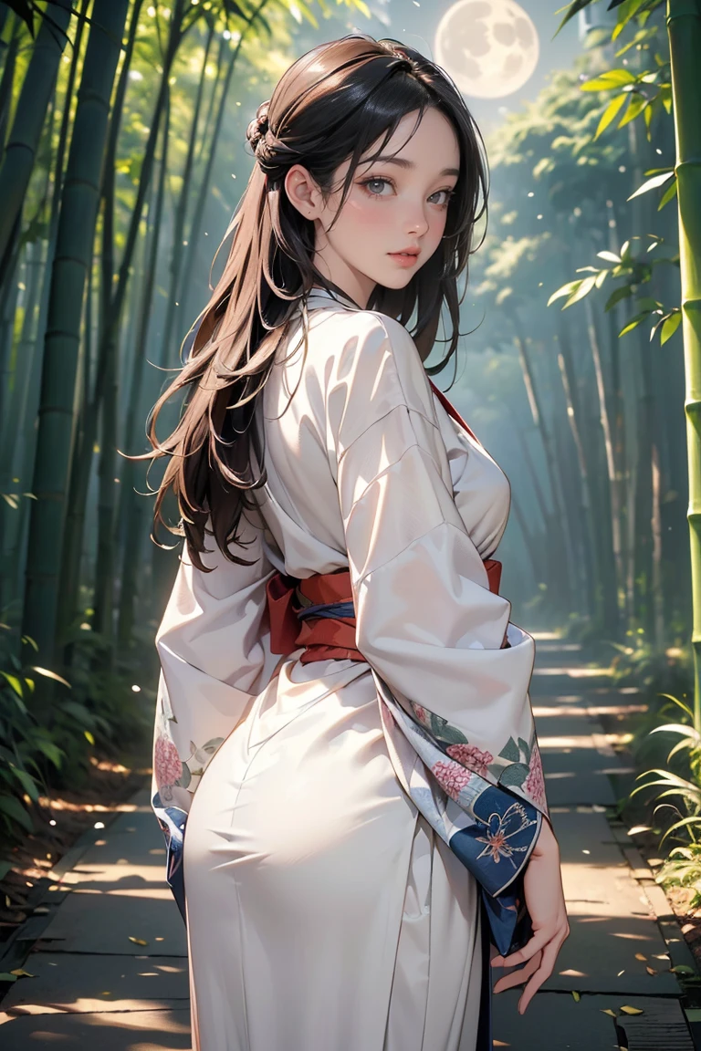 bamboo forest, ((masterpiece, of the highest quality, Maximum image quality, High resolution, photorealistic, raw photo, 8k, Extremely detailed 8k unified CG wallpaper)), A straight path through bamboo forests., Lanterns illuminating the ground, a full moon at midnight, and the back view of a woman dressed in a Japanese kimono standing in the middle of the road.,