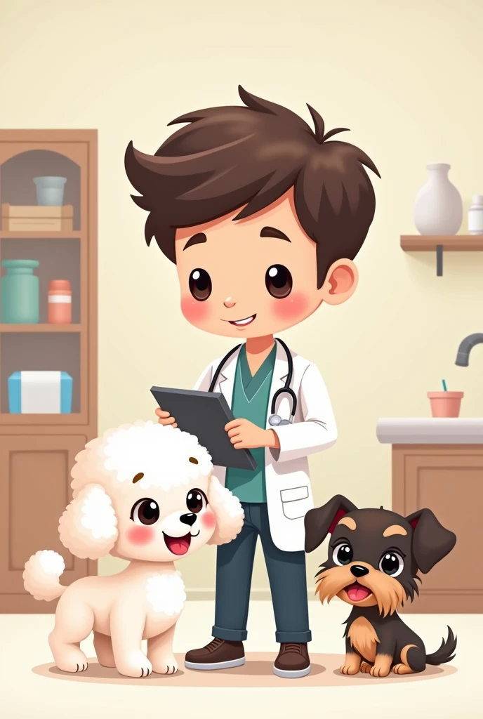 Make a chibi-style drawing of a male veterinarian and two female dogs, being a white poodle with black eyes and a YORKSHIRE TERRIER.