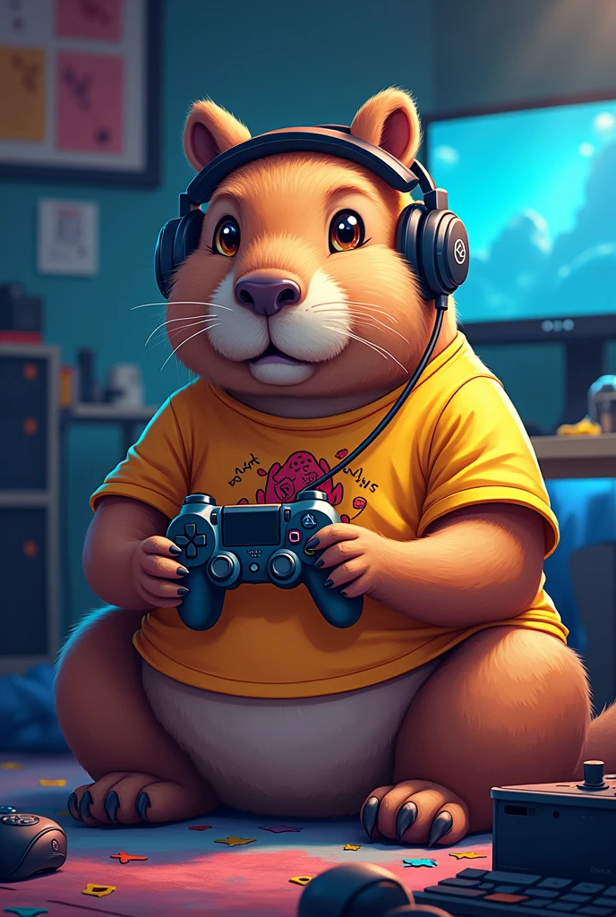 A gamer capybara playing video games , with control in hand, t-shirt and headphones 
