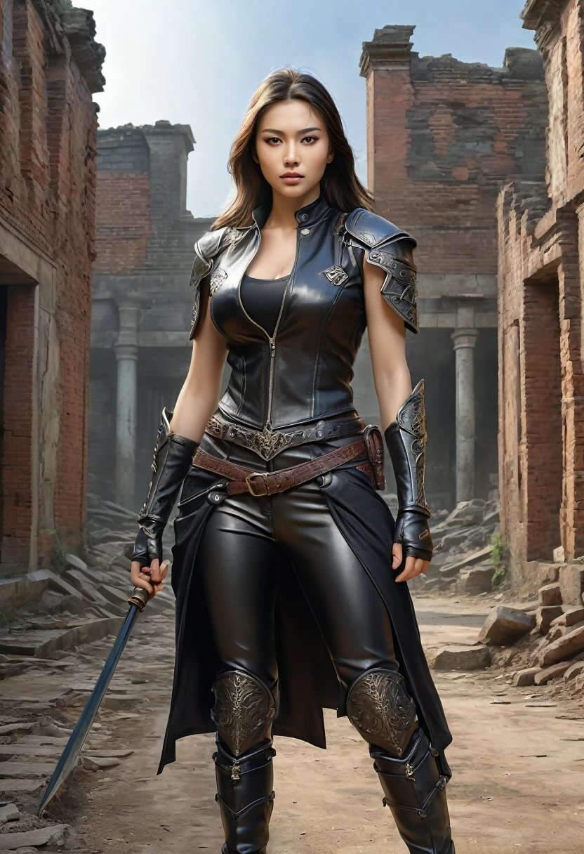 warrior woman full body realism richness of details realistic hands five fingers leather clothing ruins behind