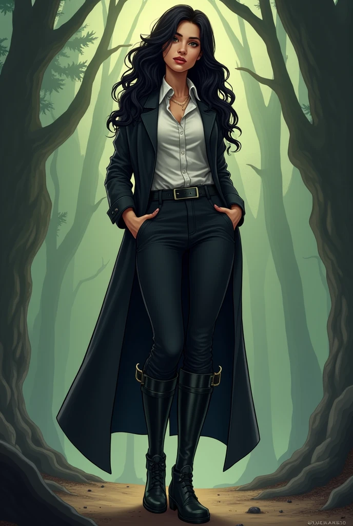 Imagine a young brunette with long black curly hair, wearing black riding boots that fit her legs well. She wears black pants with side pockets., hidden inside the boots. The white collared blouse is underneath a black vest. About all this, a black overcoat. In drawing in the line of gravity falls.