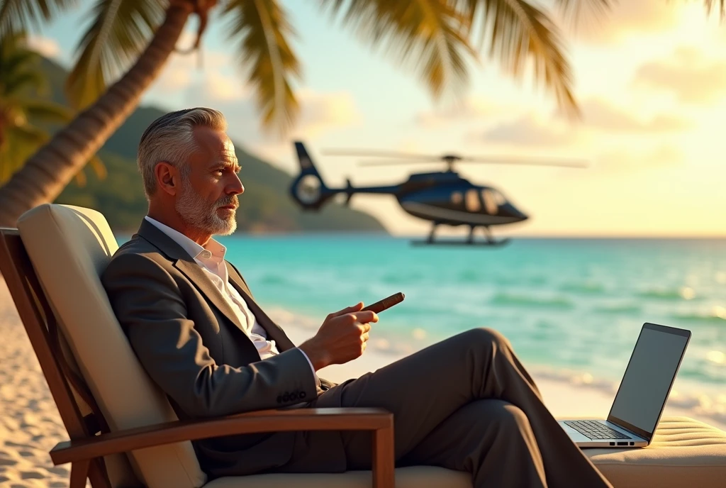Man on a private island: A man is on a private island, sitting in a lounge chair on the beach, with a laptop beside him and a helicopter landed behind him. He holds a cigar and gazes at the horizon, symbolizing freedom and financial success.