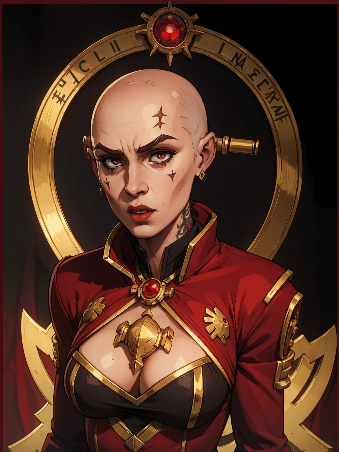 warhammer 40k grimdark priestess with bald head, wearing a red robe with text scrolls fitted to her clothing, mechanical eyesocket, brightly tattooed head