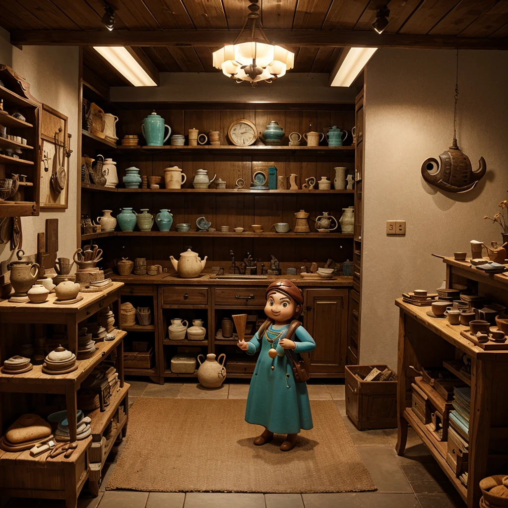 Place all cabinets surrounding the antiques., Pottery, Pottery vessels, driftwood, Deep sea diver carries artifacts upstream, cute digital paintings, Cartoon characters, Nice 3D renders, clay figures, clay animation, Nice detailed digital art, 3D characters  