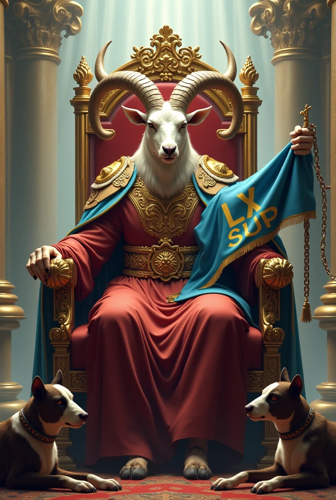 Create me an image of a goat sitting on a throne with his crown in god's clothes holding a sky blue pennant saying LX SUP and on the other side chains holding a bull and a dog