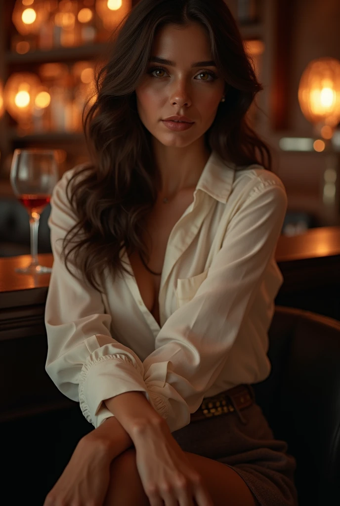 8k, best quality, head of&#39;artwork, realistic, ultra detailed, photo realistic, Augmenter la qualité, 
une photo d&#39;a girl at the bar with a glass of white wine poses,brune,habiller d’une magnifique tenue chemisier blanc léger et tailleur elegant,the house,cosy,elegant,dans le style d&#39;a dark and brooding designer, masse volumineuse, photobash, visages y, irregular edges, marine, natural beauty,jambes parfaites,corps naturel,poses sexhoto en gros plan